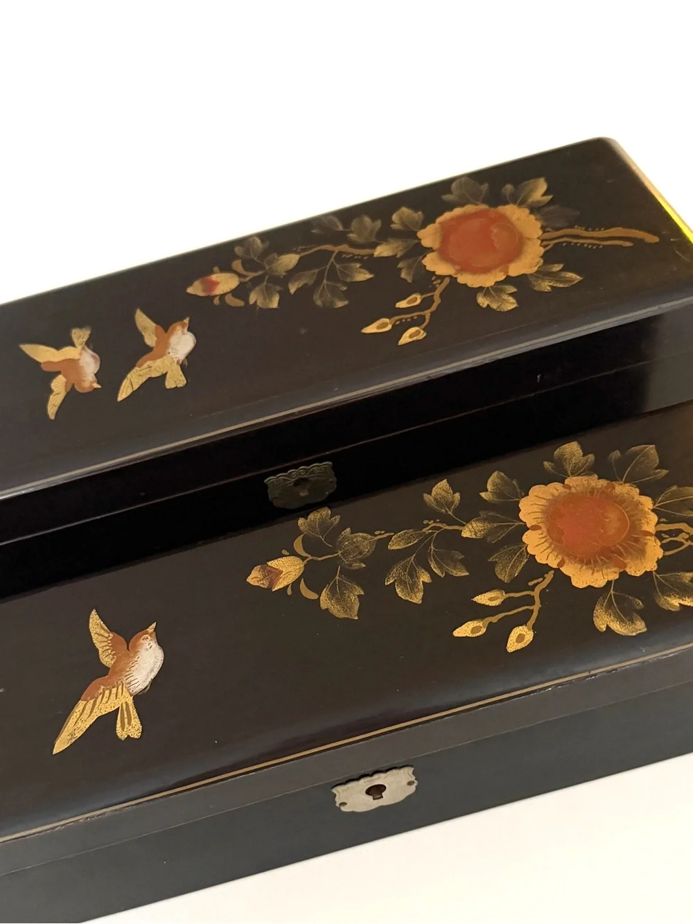 Japan Black Hinged Hand Painted Floral Bird Signed SS Japan Rectangle Boxes